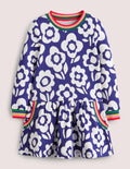 Gemütliches Sweatshirt-Kleid mit Muster-Stahlblau/Weiß, Blumenmuster/Regenbogen