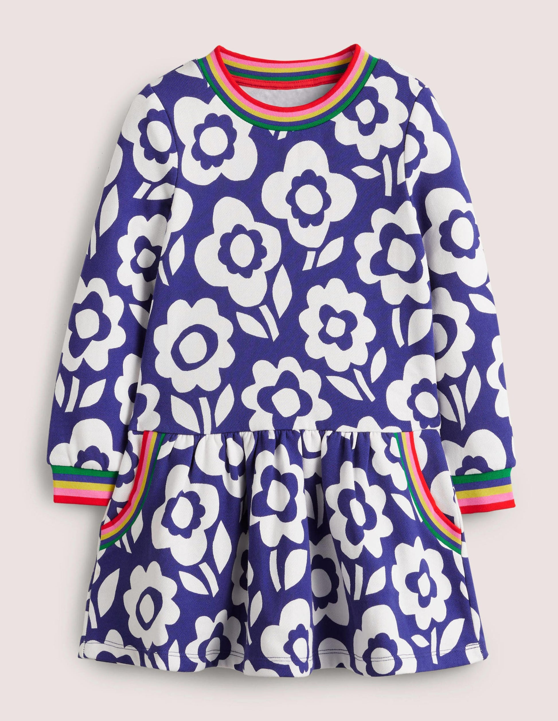 Gemütliches Sweatshirt-Kleid mit Muster-Stahlblau/Weiß, Blumenmuster/Regenbogen-1