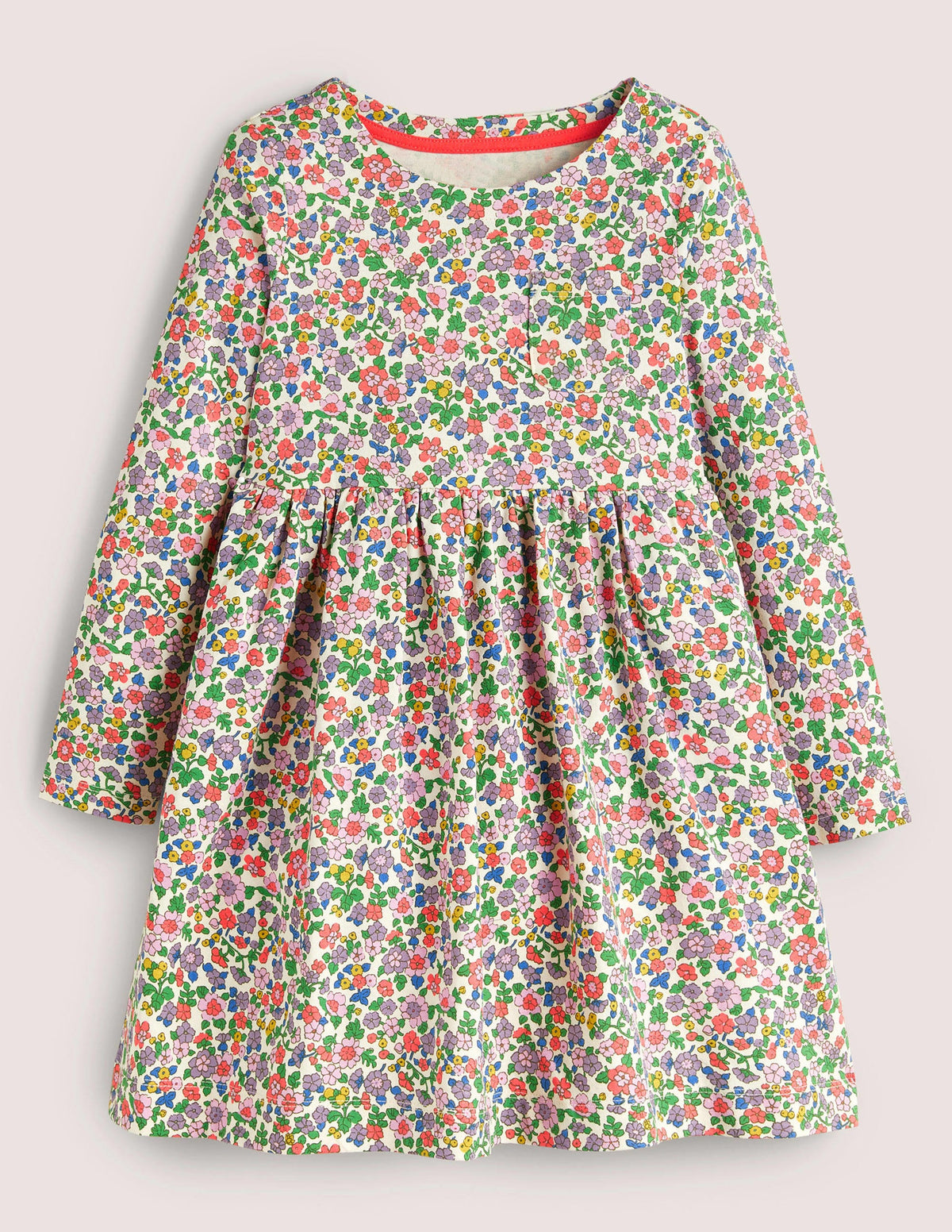 Fröhliches Jerseykleid mit langen Ärmeln-Naturweiß/Asternviolett, Blumenmuster - Image 1