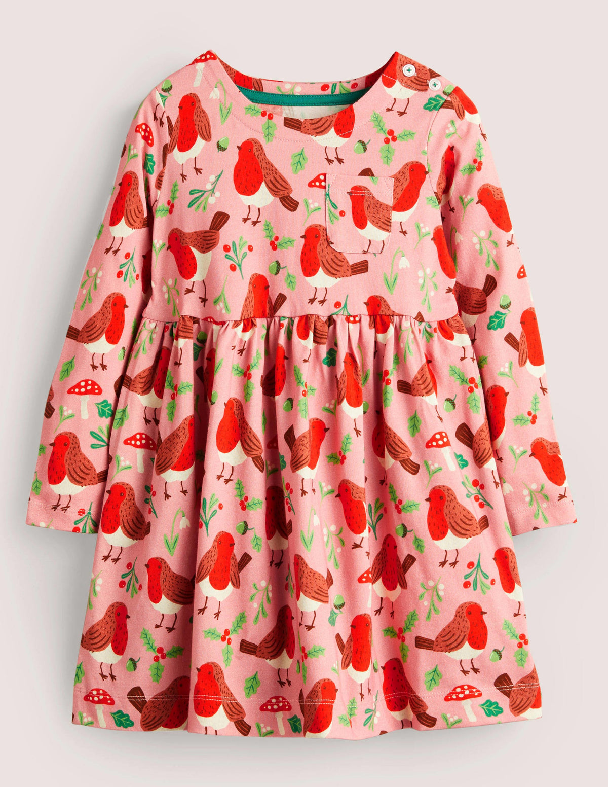 Fröhliches Jerseykleid mit langen Ärmeln-Kirschblütenrosa, Weihnachtsrotkehlchen-1