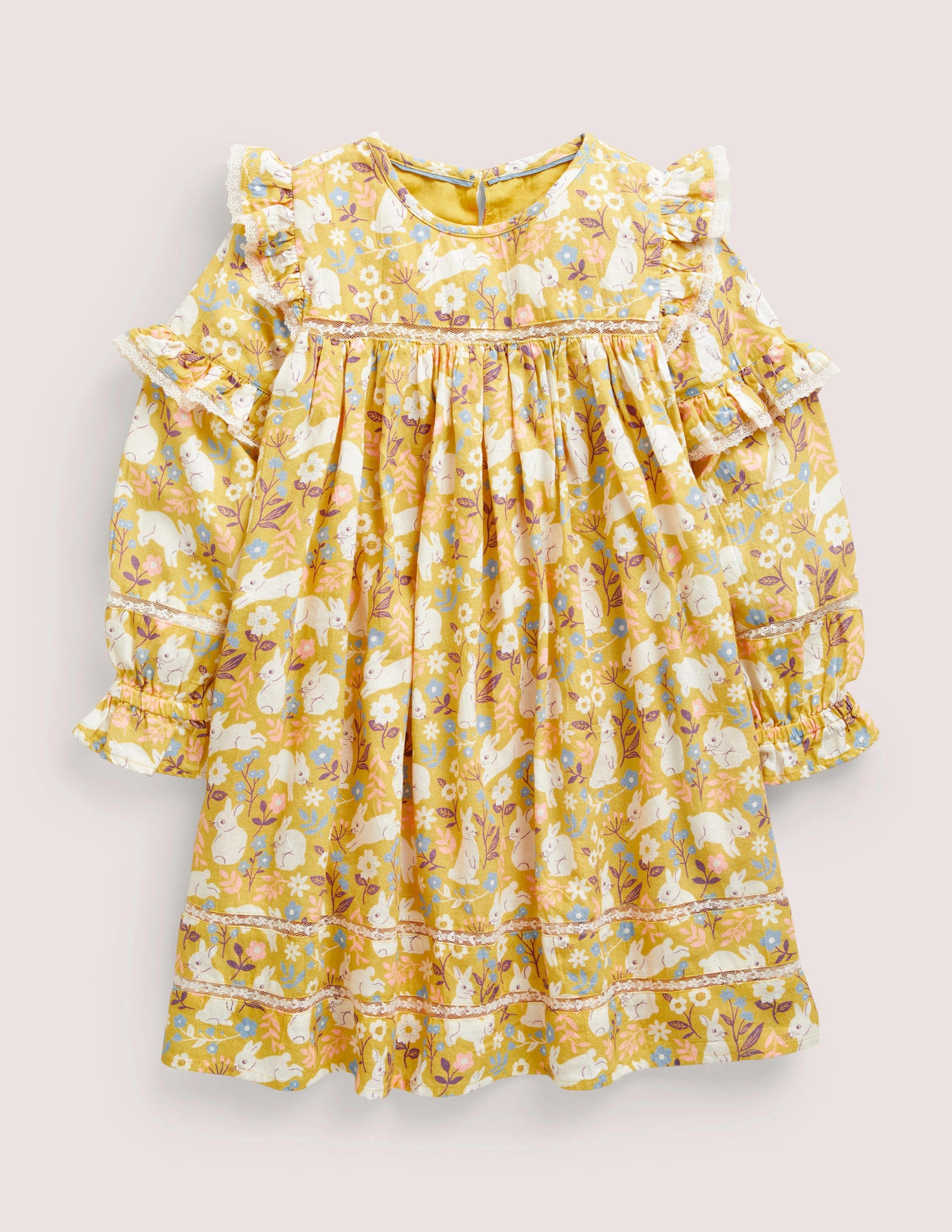 Gemustertes Webkleid-Honiggelb, Häschen-1