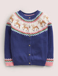 Navy Reindeer Fair Isle Christmas Cardigan-Navy, Rentiere