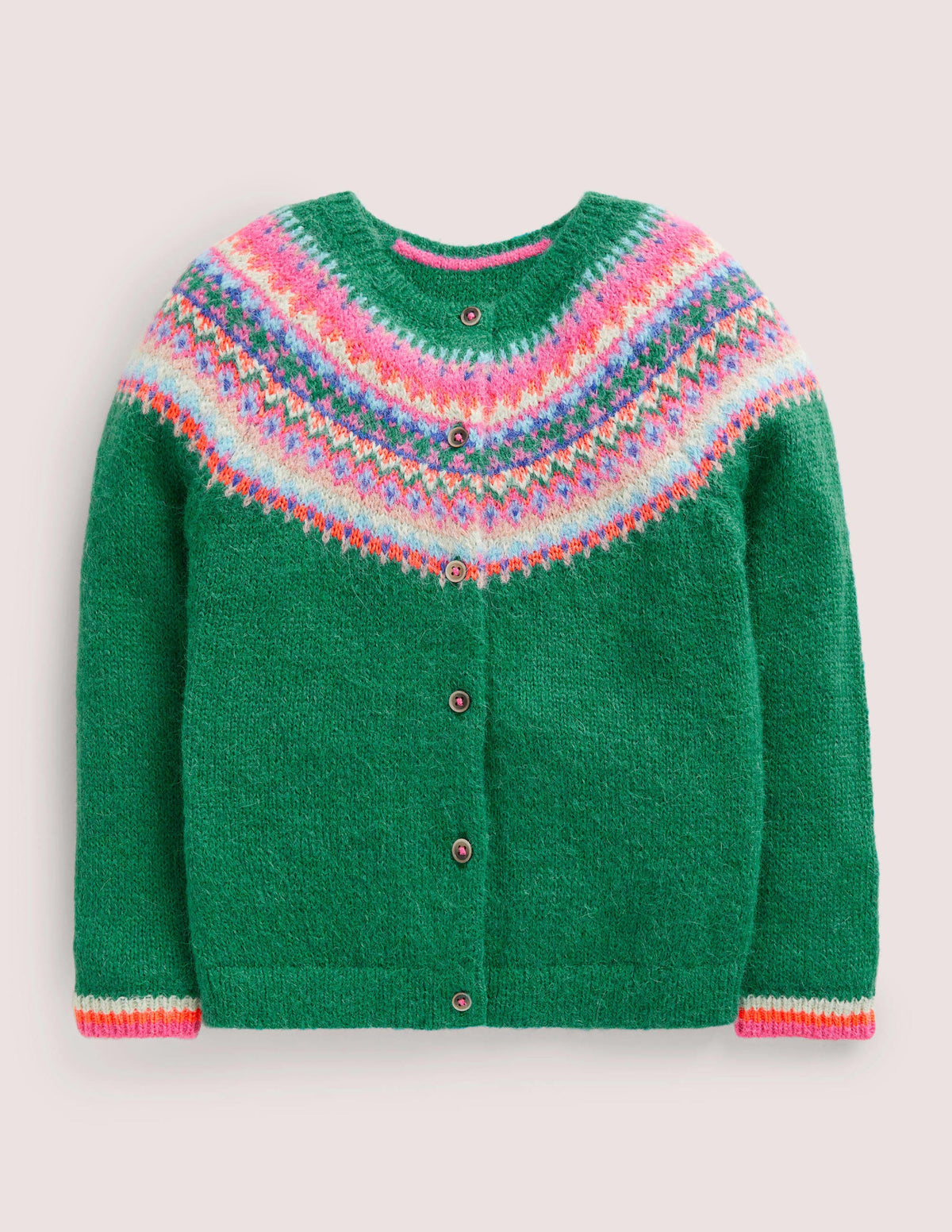 Green Fair Isle Yoke Cardigan-Paprikagrün, Bunte Passe - Image 1