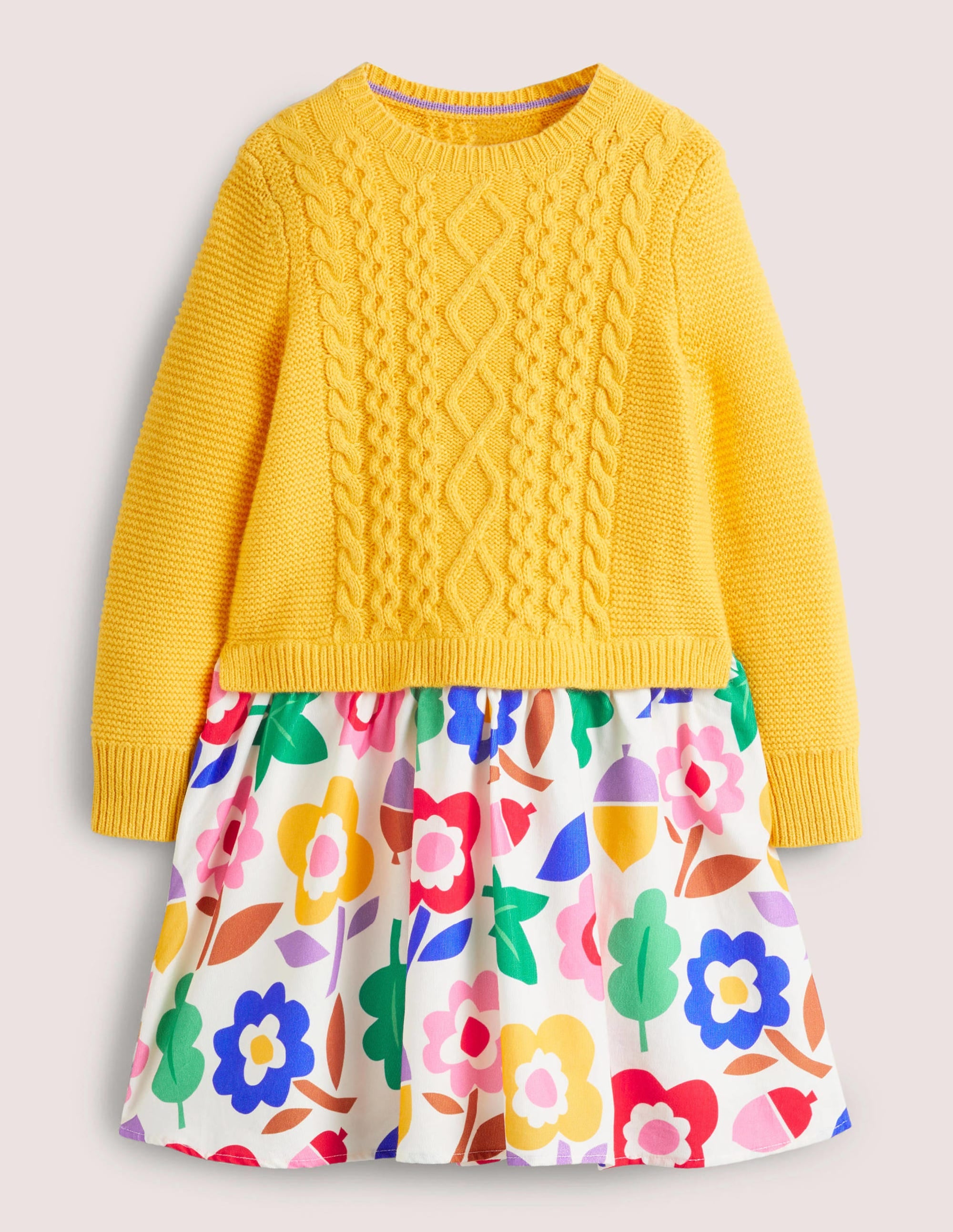 Kleid aus Web- und Strickmix-Ockergelb, Ahorn-/Blumenmuster - Image 1