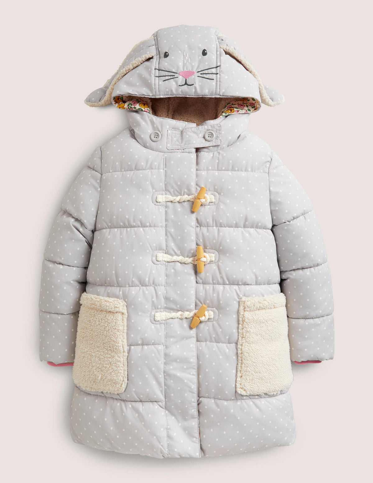 Grey Dotted Bunny Hood Longline Puffer Jacket-Schiefergrau, Pünktchen/Häschen - Image 1