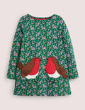 Jersey-Tunika mit Taschen-Waldgrün, Blumenmuster/Rotkehlchen