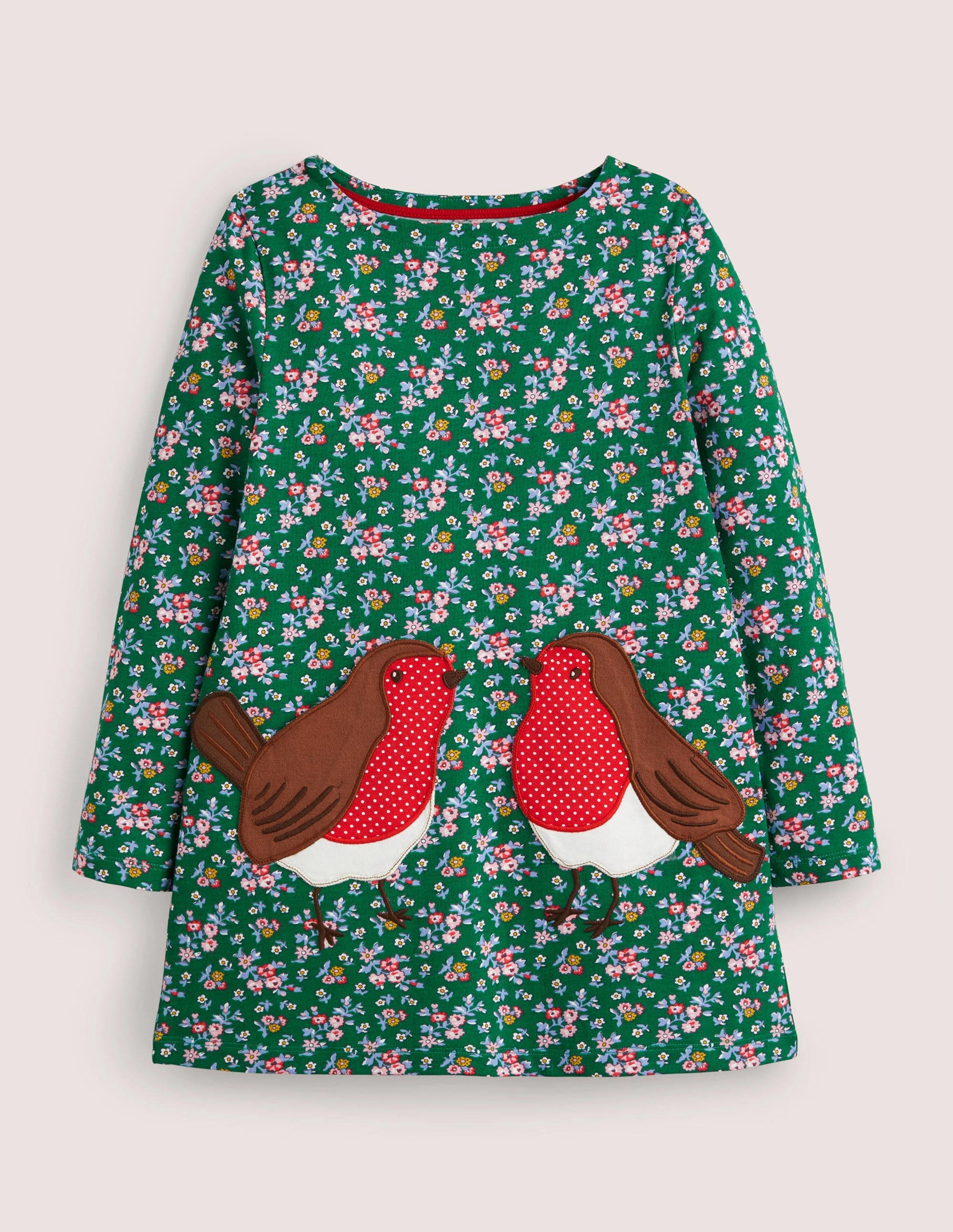 Jersey-Tunika mit Taschen-Waldgrün, Blumenmuster/Rotkehlchen-1