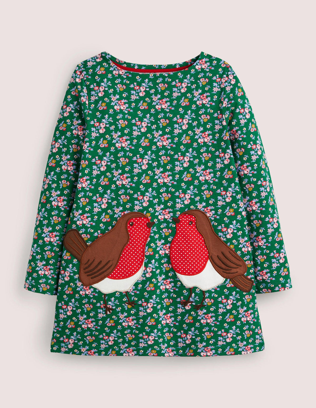 Jersey-Tunika mit Taschen-Waldgrün, Blumenmuster/Rotkehlchen - Image 1