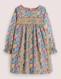 Gesmoktes Kleid mit langen Ärmeln-Bunt, Blumenmuster