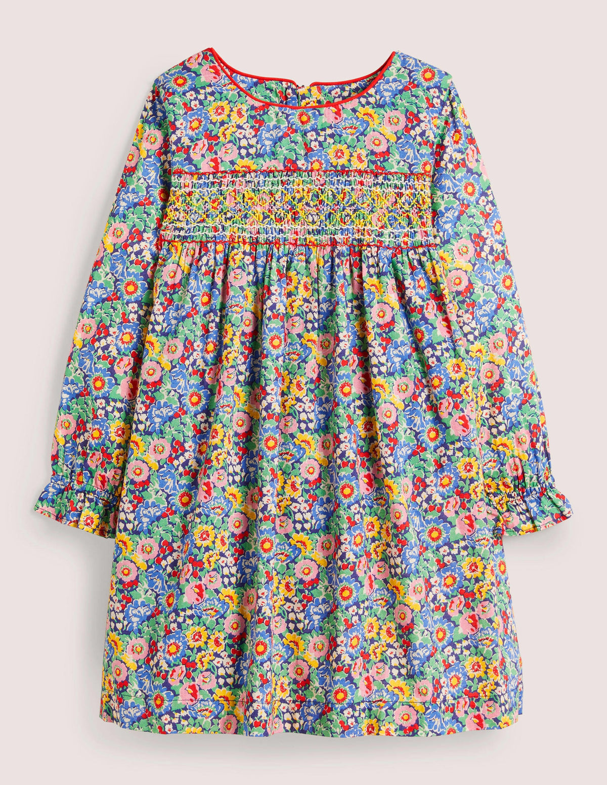 Gesmoktes Kleid mit langen Ärmeln-Bunt, Blumenmuster-1