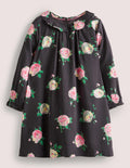 Webkleid mit Lochstickereikragen-Rußgrau, Rosen