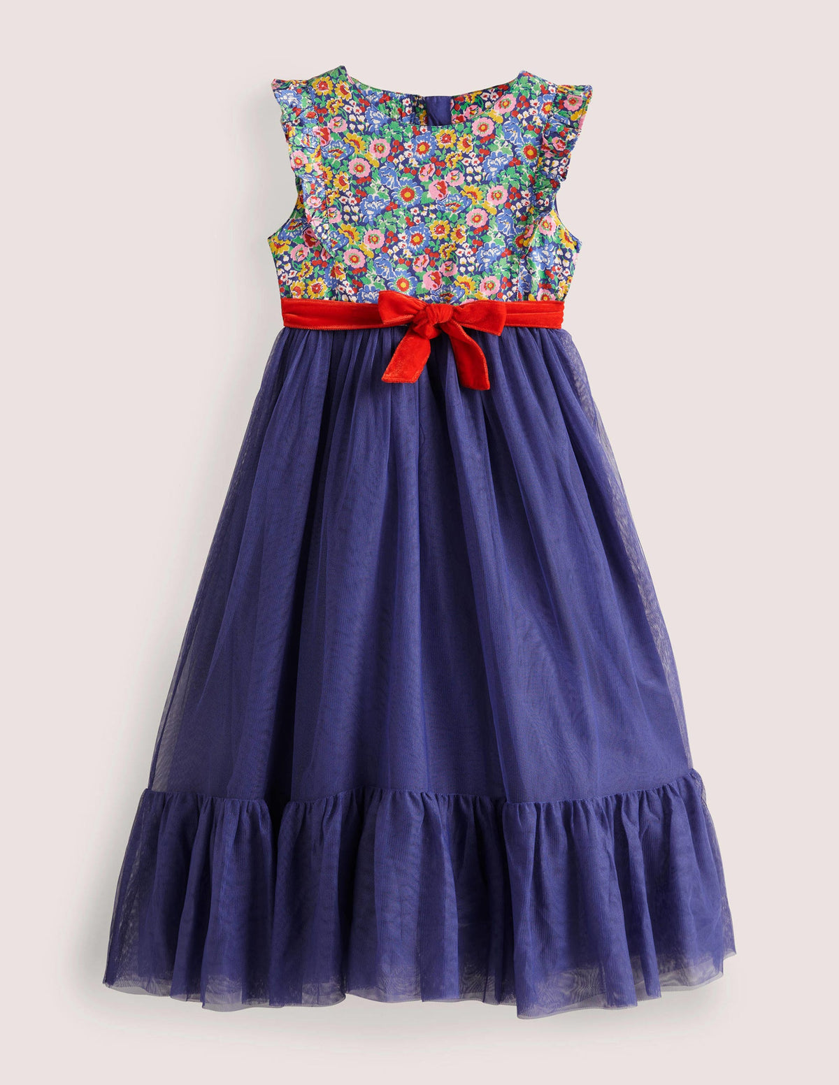 Gewebtes Tüll-Partykleid-Navy/Bunt, Blumenmuster - Image 1