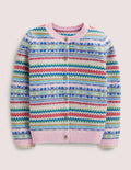 Pink Fair Isle Cashmere Cardigan-Rose boto, motif jacquard multi