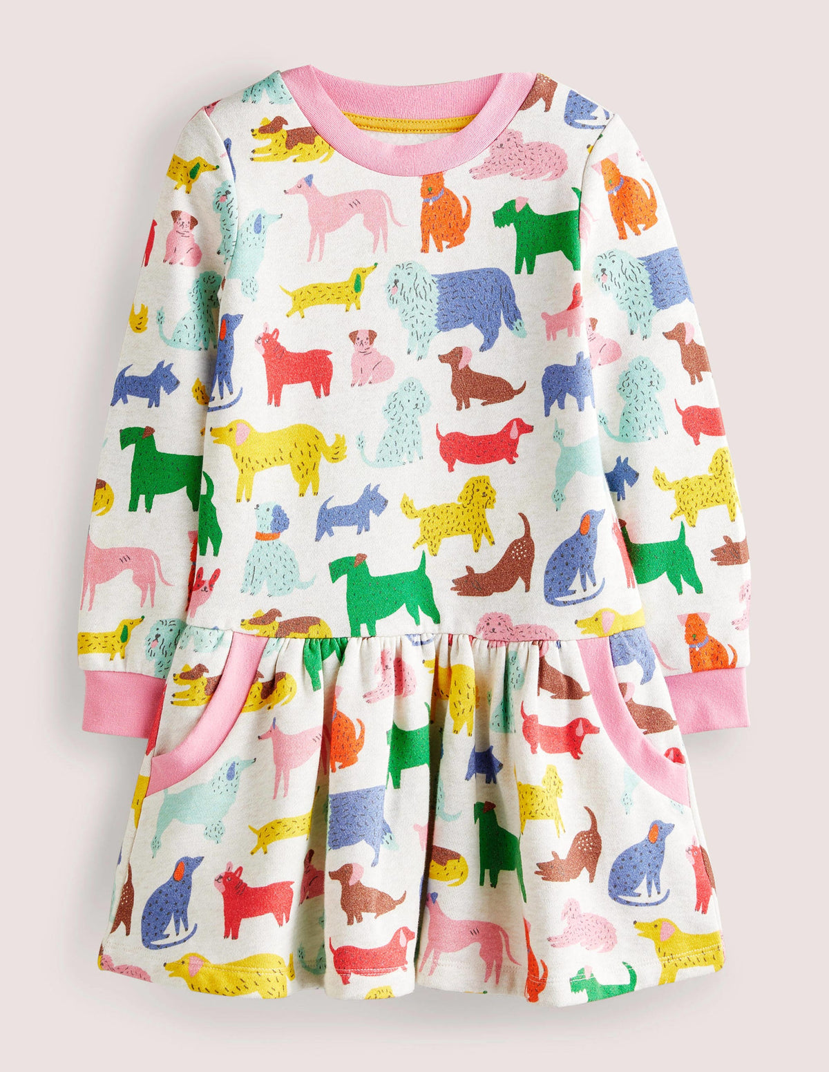 Gemütliches Sweatshirt-Kleid mit Muster-Hellbeige Meliert, Verspielte Hunde-1