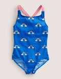 Cross-back Printed Swimsuit-Cabana Blue Rainbow Clouds
