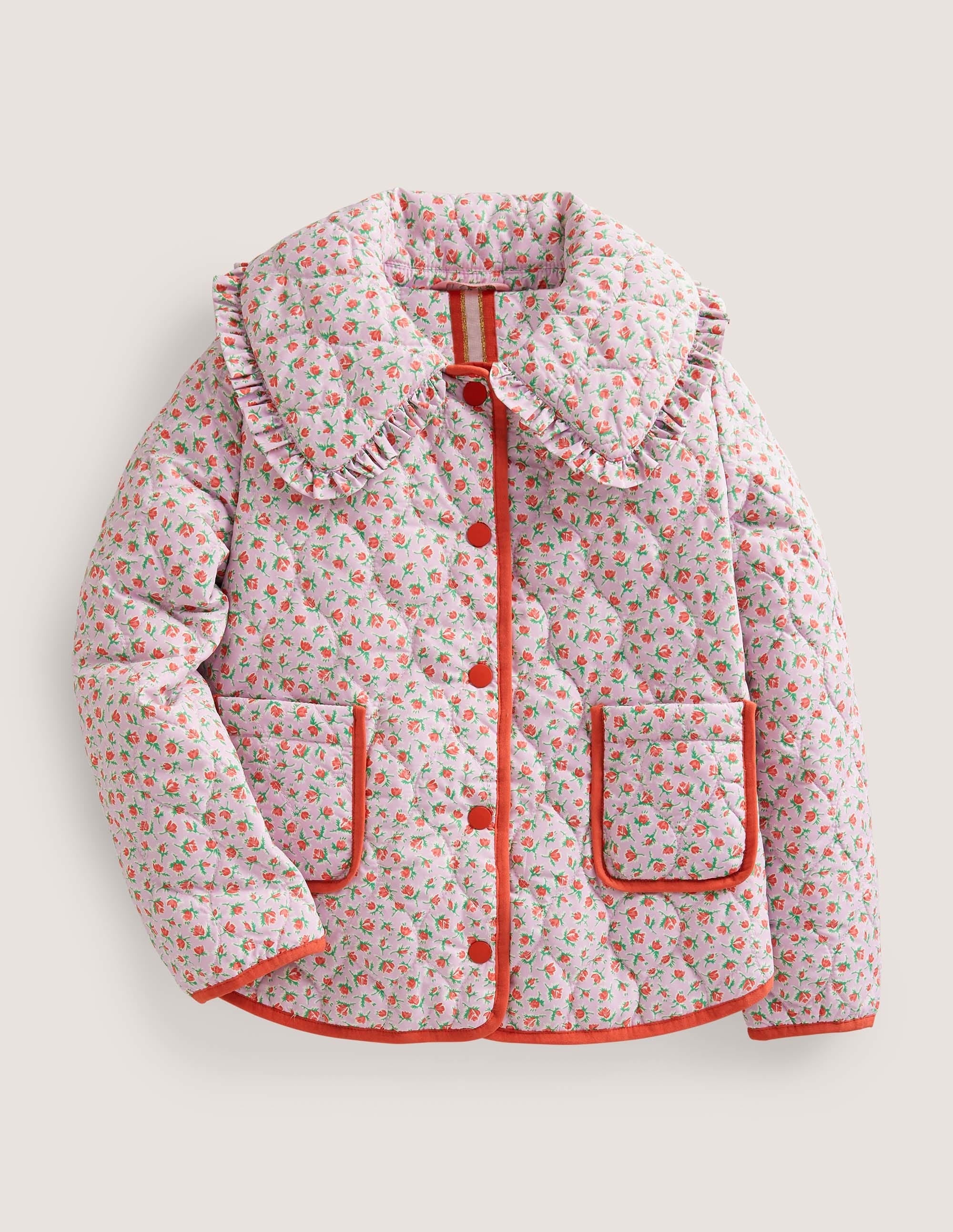 Gesteppte Jacke mit großem Kragen-Fliederrosa, Vintage-Blumenmuster - Image 1