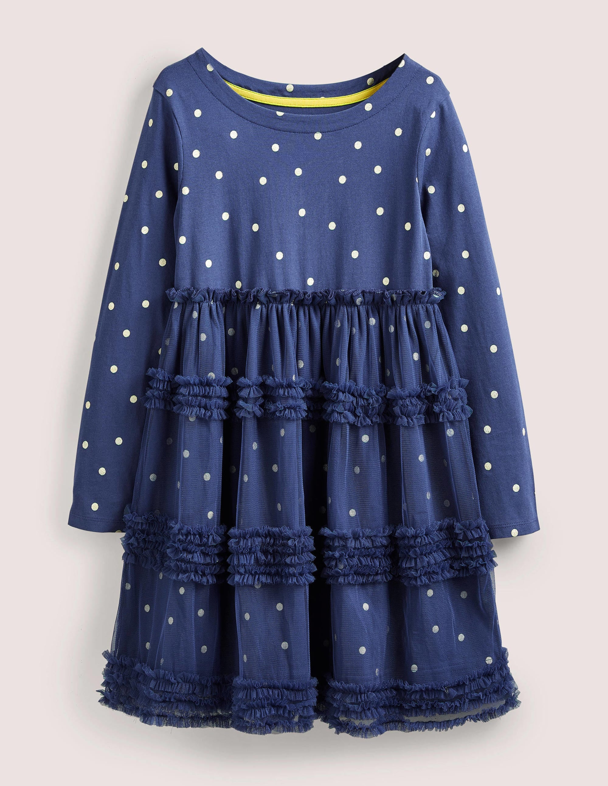 Langärmliges Tüllkleid aus Jersey-Segelblau/Gold, Getupft - Image 1