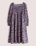 Trapezkleid mit gesmoktem Oberteil-Segelblau, Vintage-Blumenmuster