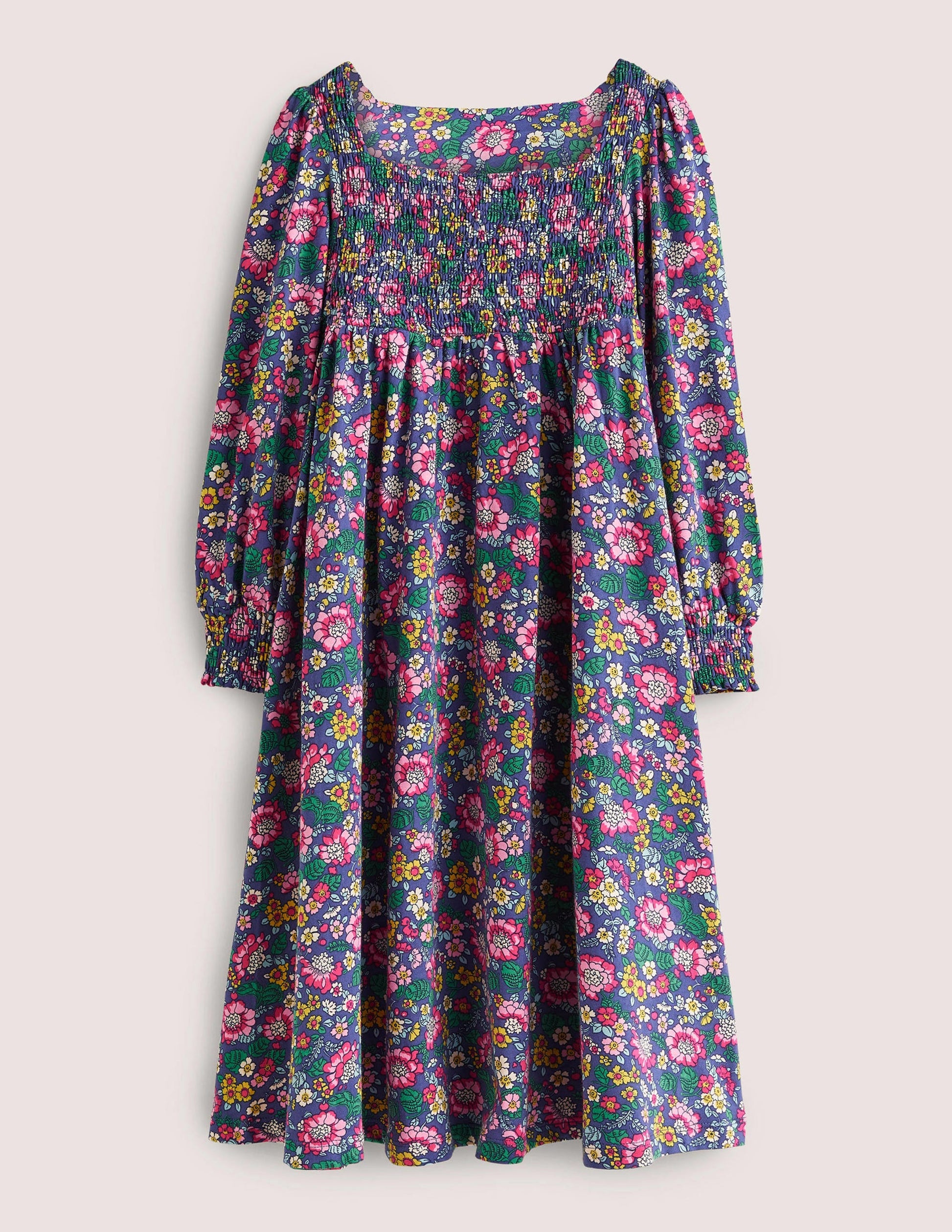 Trapezkleid mit gesmoktem Oberteil-Segelblau, Vintage-Blumenmuster-1