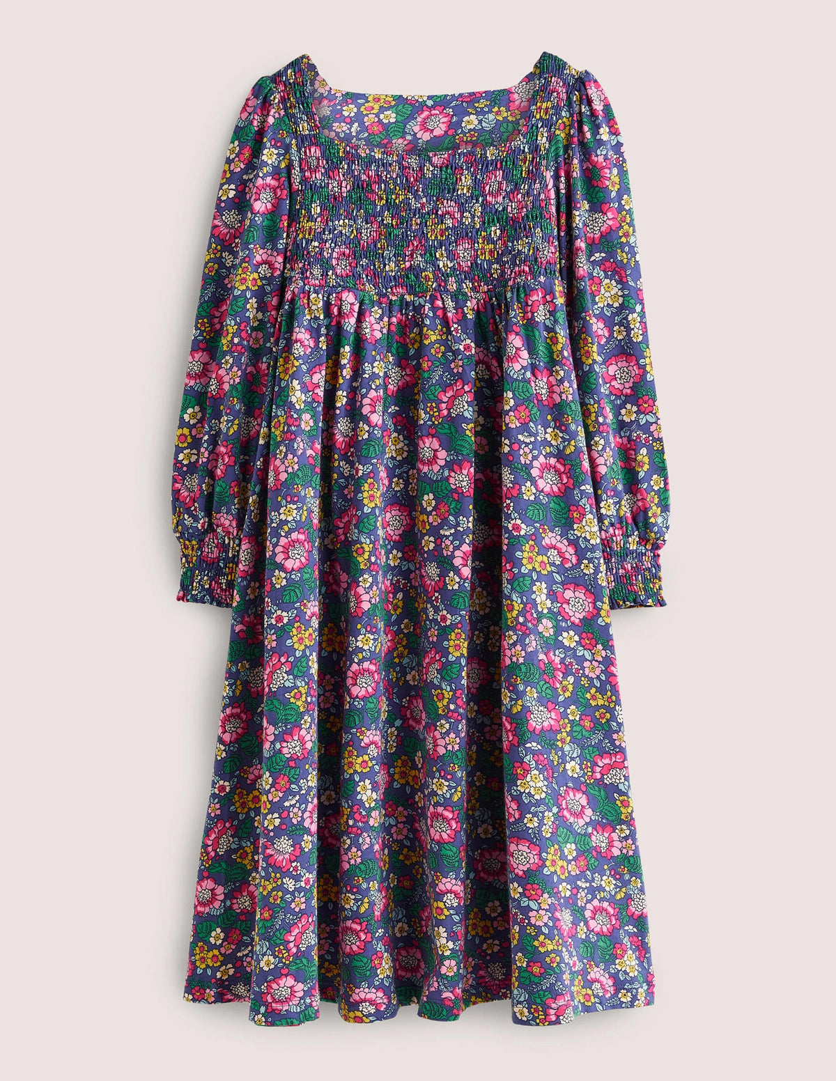 Trapezkleid mit gesmoktem Oberteil-Segelblau, Vintage-Blumenmuster - Image 1