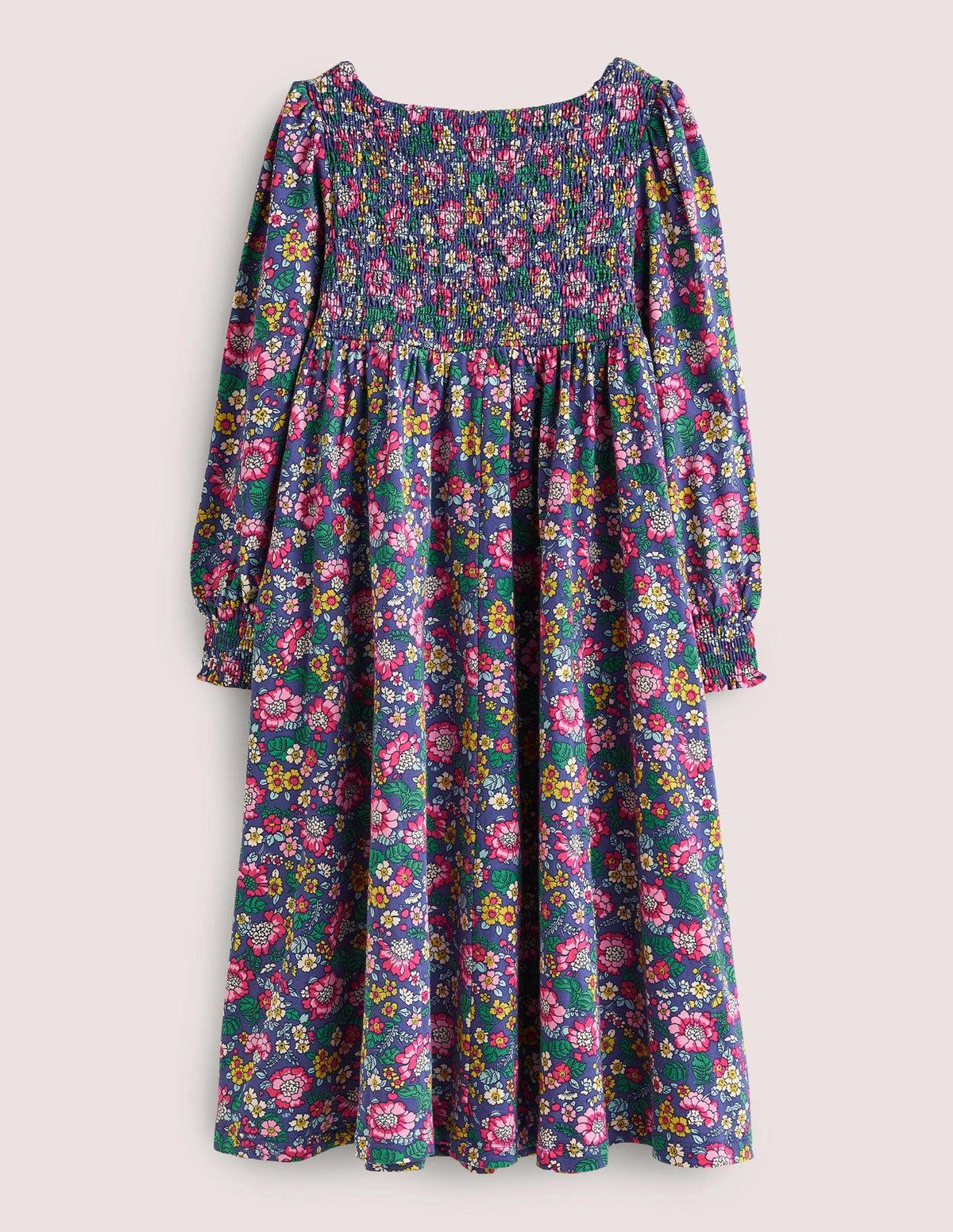 Trapezkleid mit gesmoktem Oberteil-Segelblau, Vintage-Blumenmuster-2