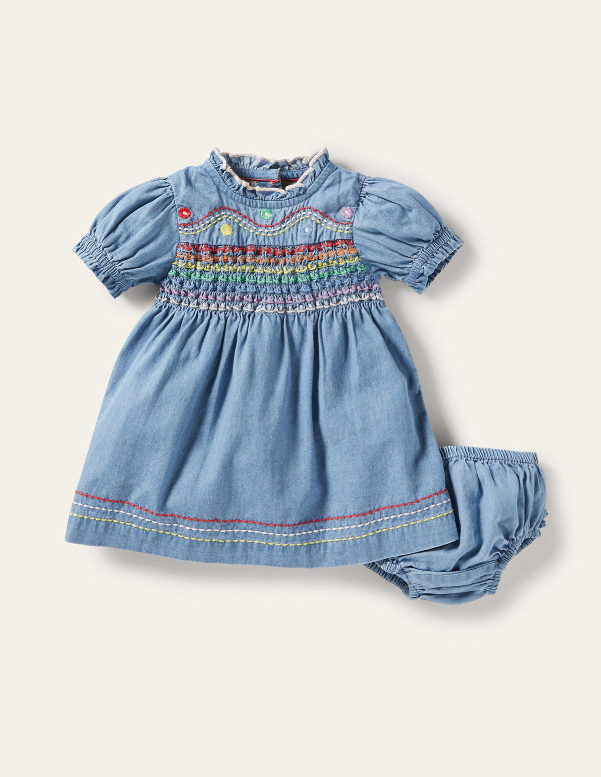 Chambray-Kleid mit Regenbogen-Smokdetails-Mittlerer Faux-Uni-1