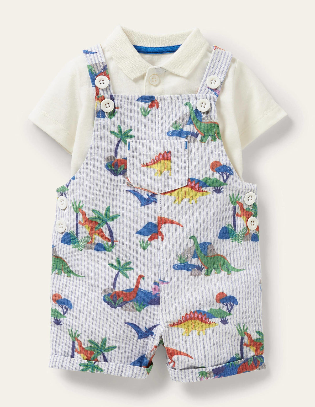 Woven Dungaree Set-Ticking Dino Scene - Image 1