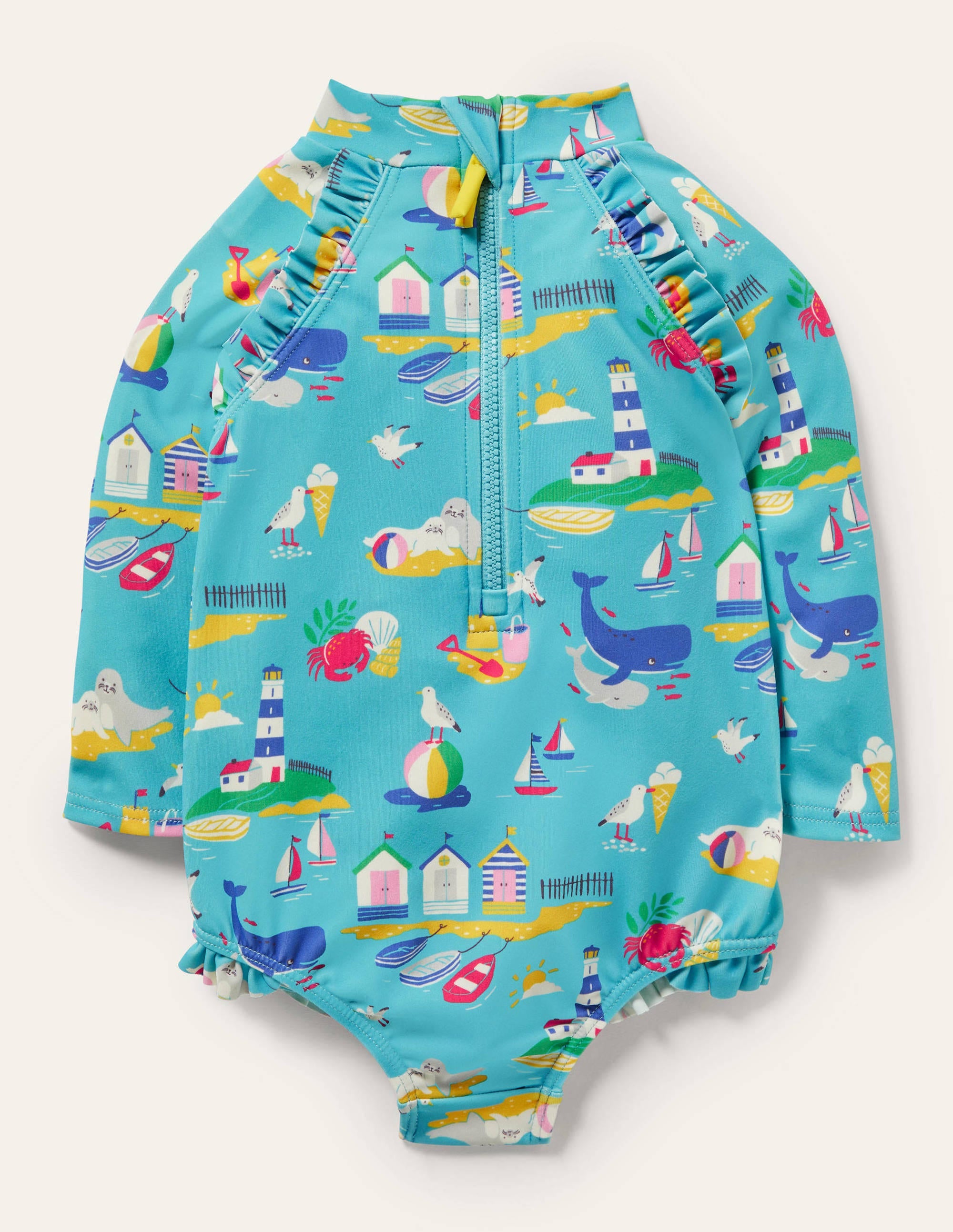 Long Sleeve Frilly Swimsuit-Surfboard Blue Ticking Stripe - Image 2