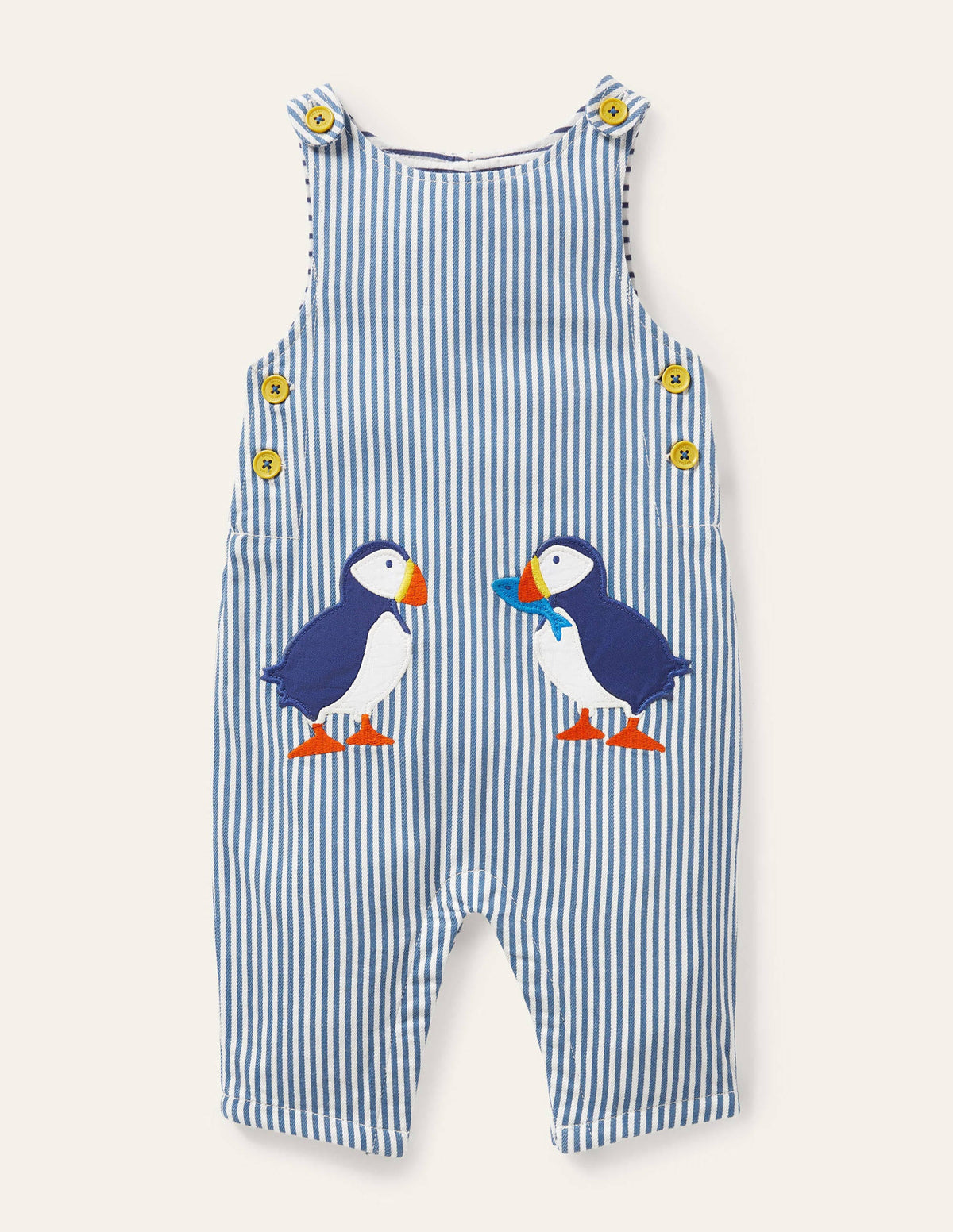 Appliqué Woven Romper-Ivory/Elizabethan Blue Puffins - Image 1