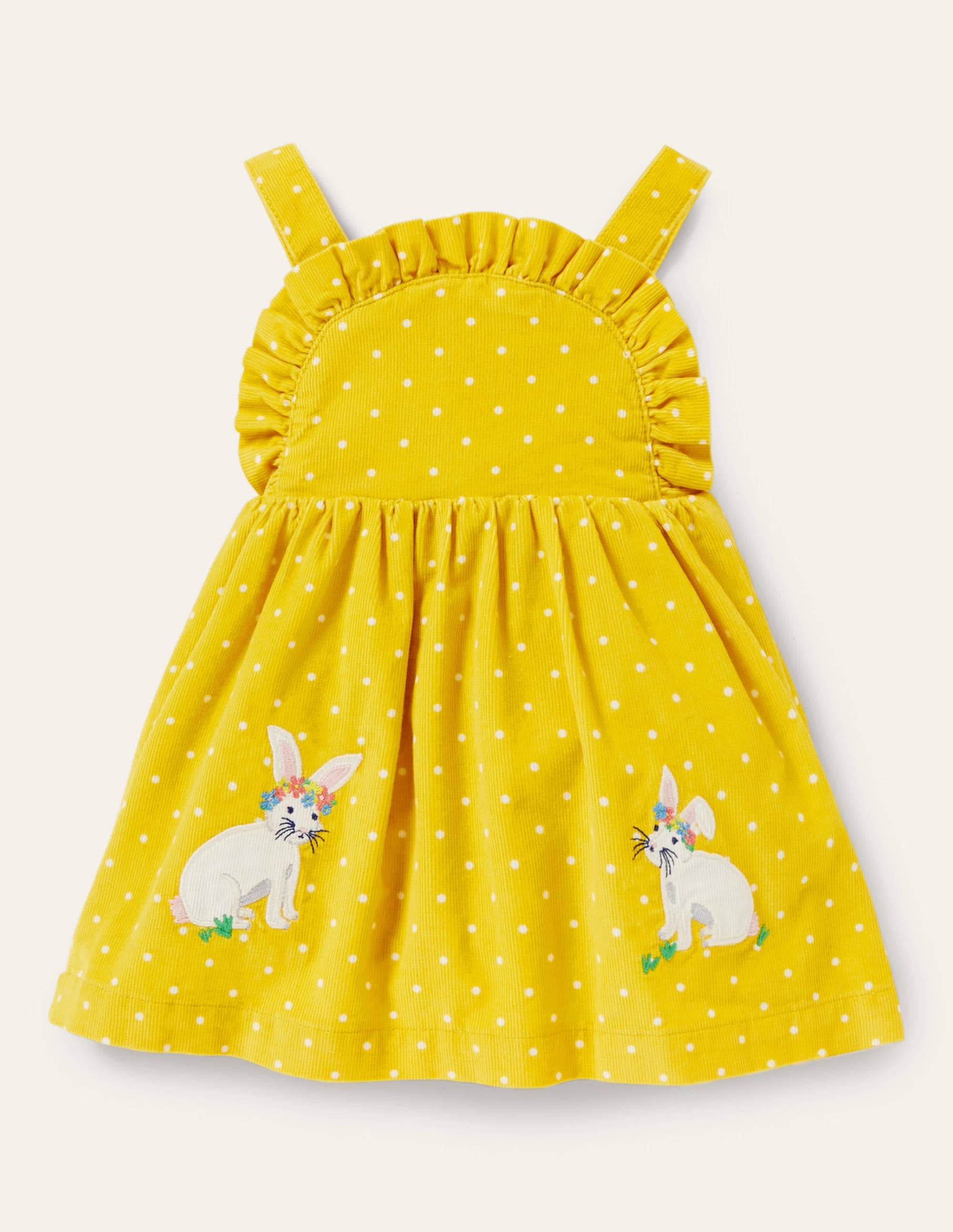 Schürzenkleid mit lustigen Applikationsaufnähern-Maisgelb, Pünktchen/Häschen - Image 1