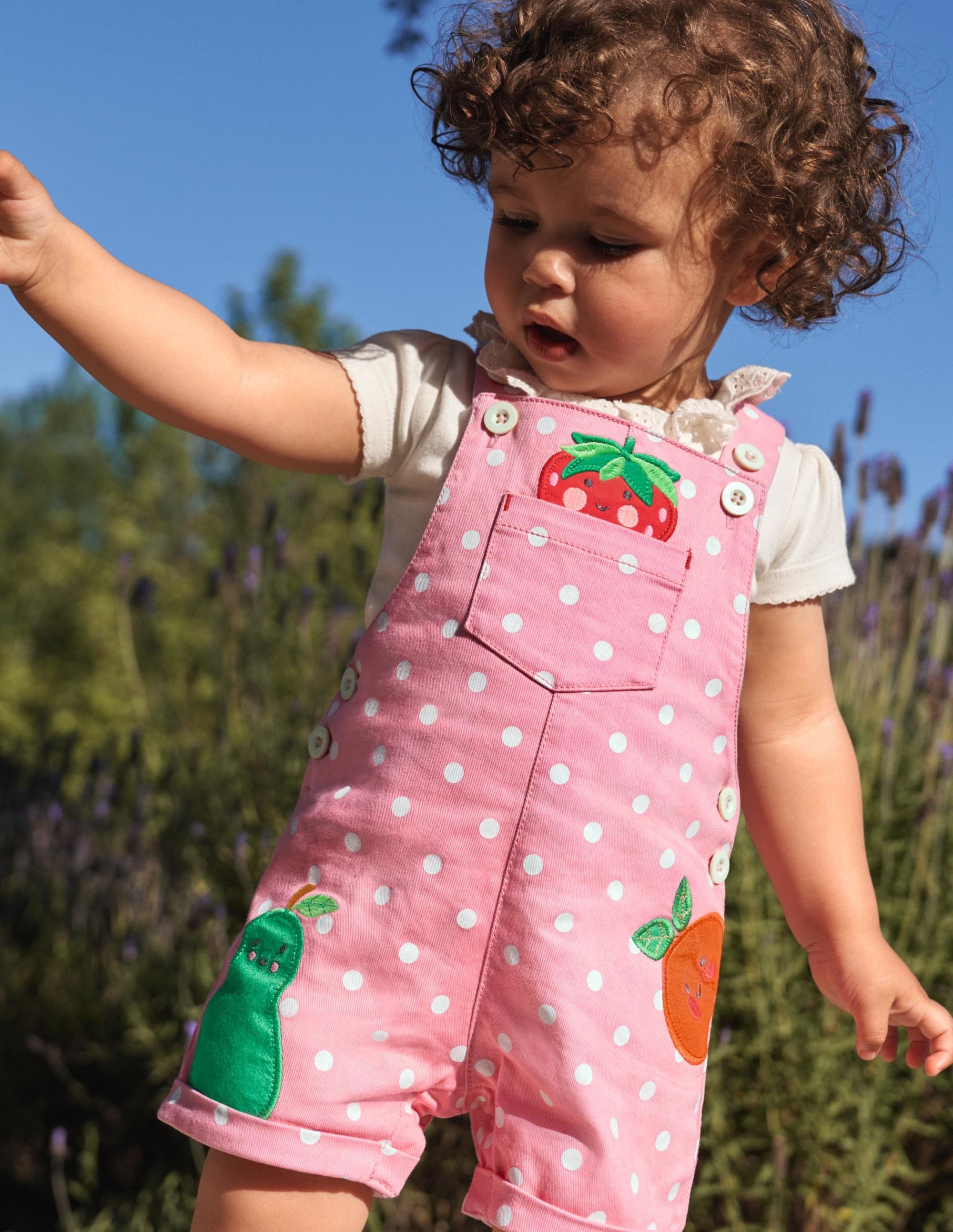 Short Woven Dungarees-Pink Spot Fruit - Image 4