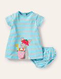Jerseykleid mit Applikation-Wasserblau/Naturweiß, Häschen