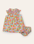 Gesmoktes Webkleid-Naturweiß, Tropisches Blumenmuster
