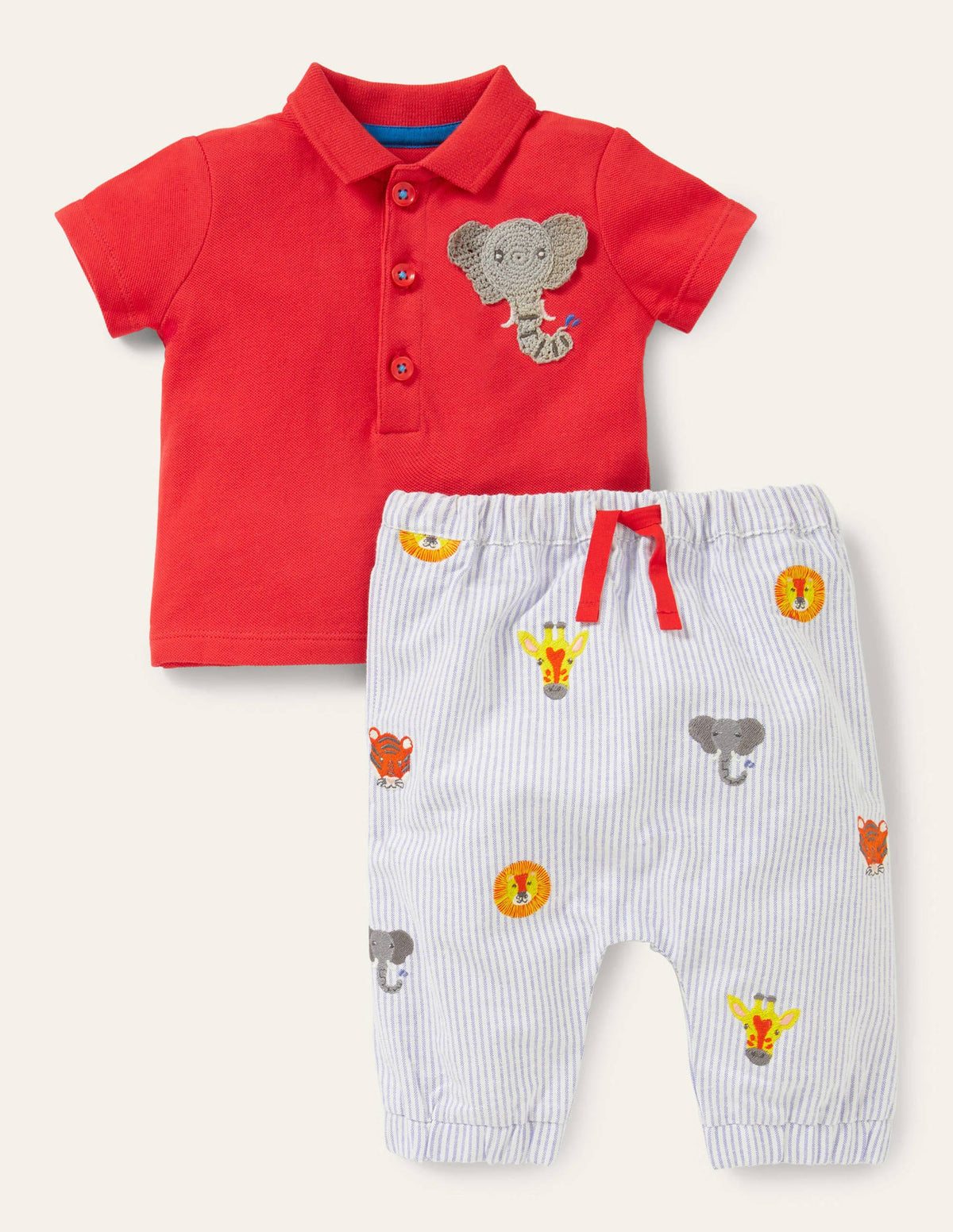 Piqué Polo and Trousers Set-Strawberry Tart Elephant - Image 1