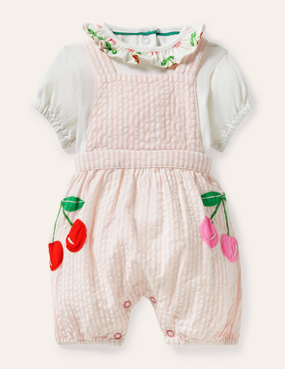 Ensemble avec barboteuse à motif cerise-Coutil cerise ivoire/rose boto-1