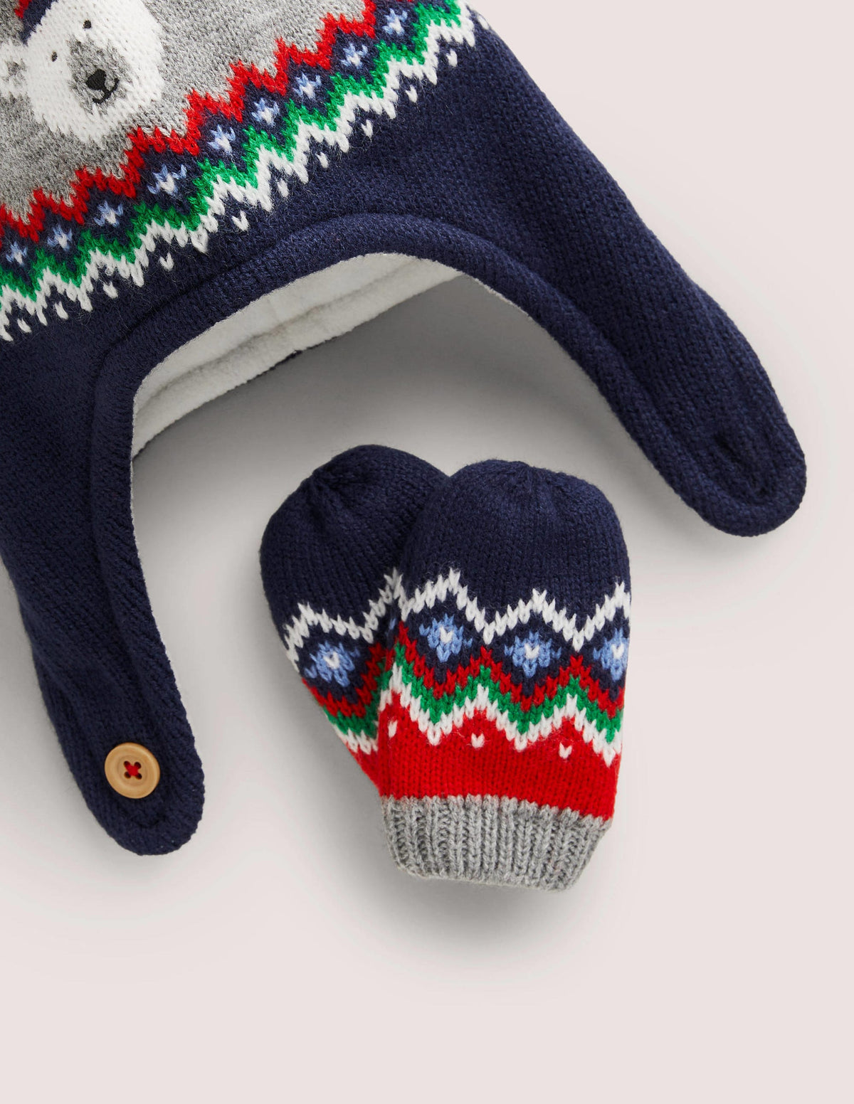 Ensemble bonnet et moufles pour bébé-Motif jacquard bleu marine - Image 2