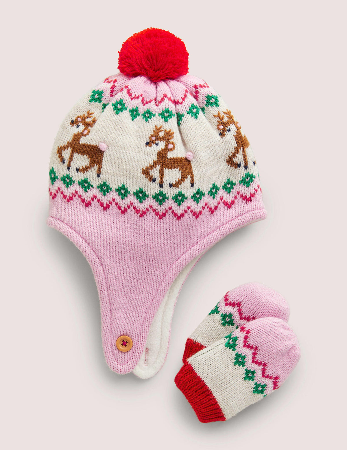 Originelles Set aus Mütze und Fäustlingen-Rosa, Fair-Isle-Muster-1