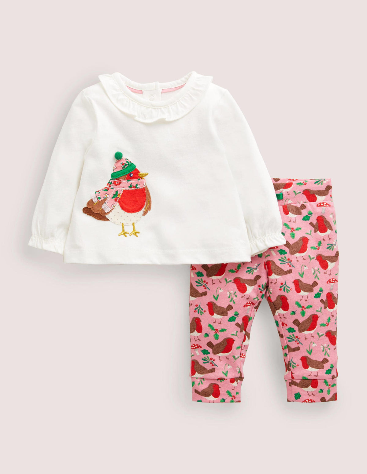 Appliqué Top & Leggings Set-Boto Pink Robins - Image 1