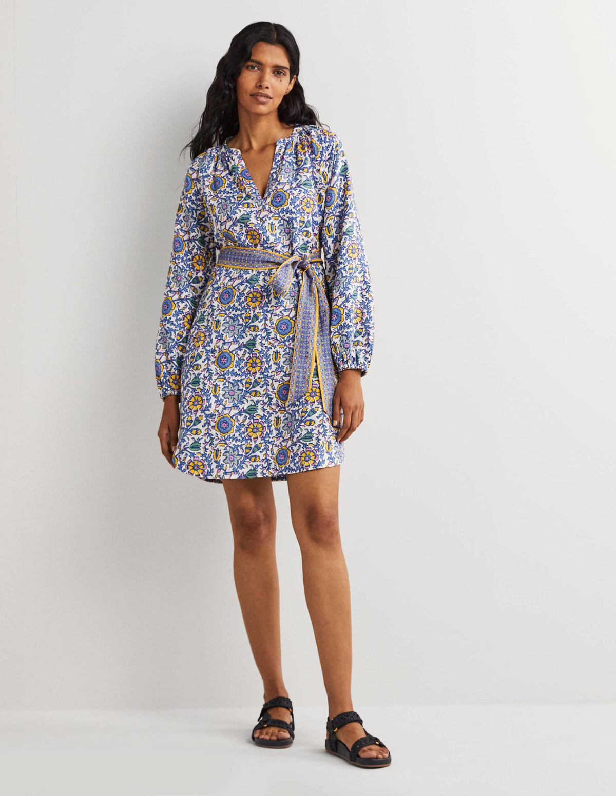 Mini-robe à col cranté en lin-Bleu Côte d'Azur, motif Enchanting Twig-5