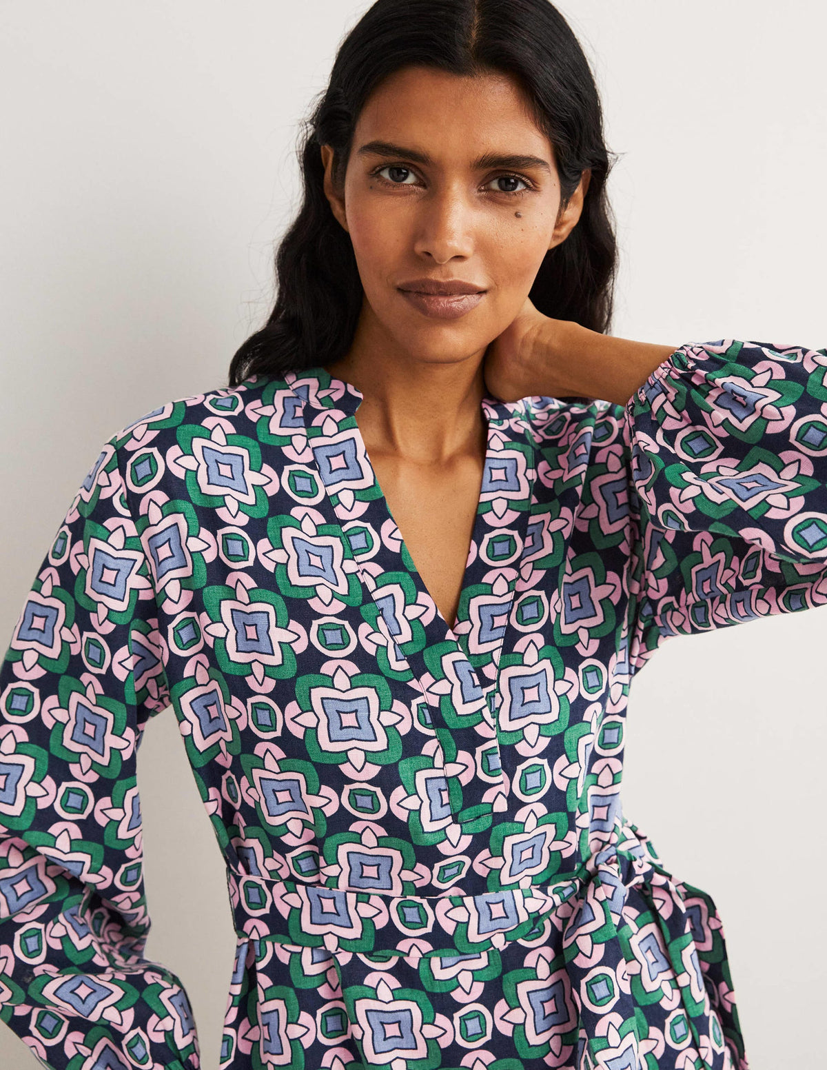Langärmliges Maxikleid aus Leinen-Navy, Geometrisches Muster-2