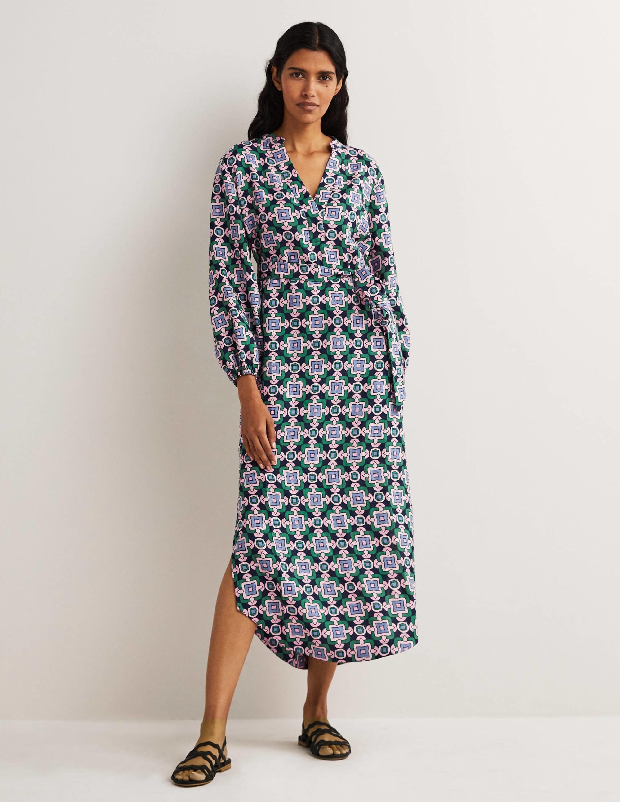 Langärmliges Maxikleid aus Leinen-Navy, Geometrisches Muster - Image 5