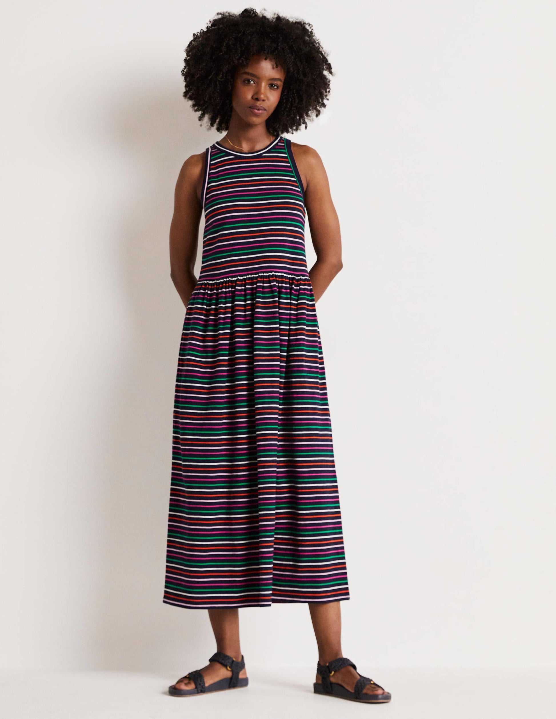 Sleeveless Jersey Midi Dress-Navy Multi Stripe-1