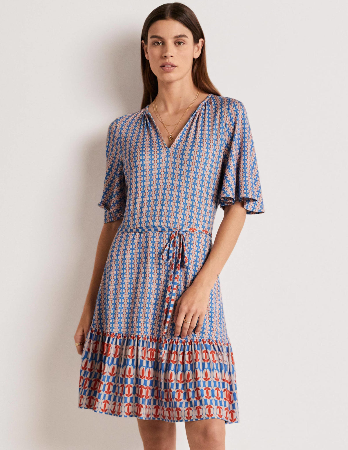 Robe volantée en jersey à col cranté-Bleu mosaïque, motif pétale géométrique-6