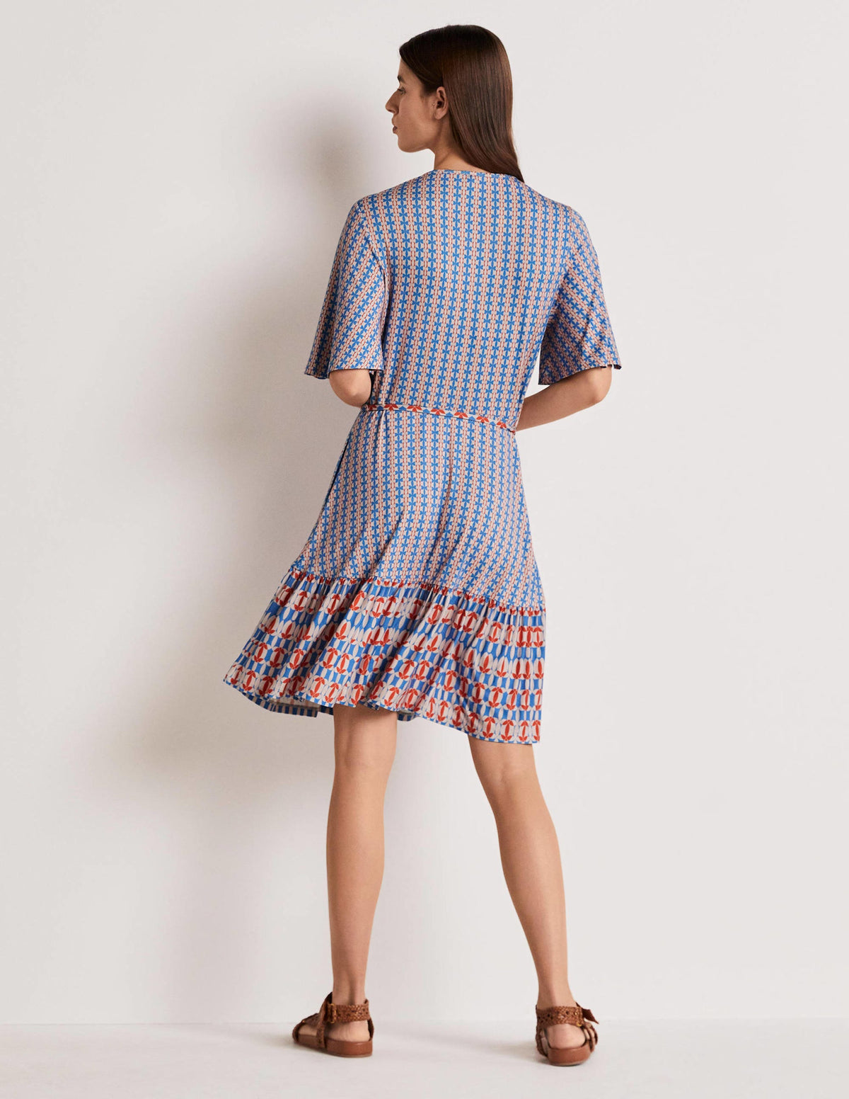 Robe volantée en jersey à col cranté-Bleu mosaïque, motif pétale géométrique-3