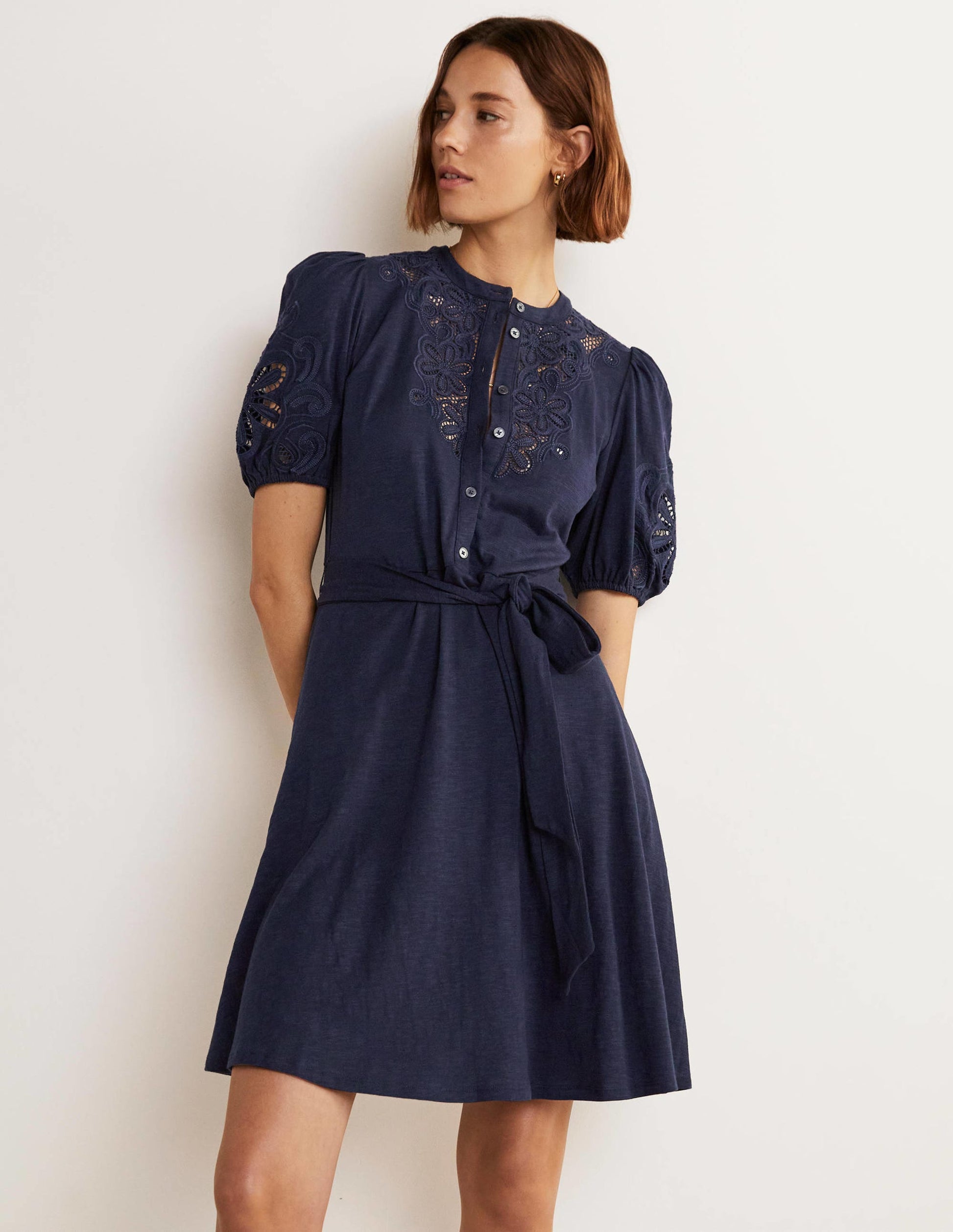 Robe-chemise brodée en jersey-Bleu marine-7
