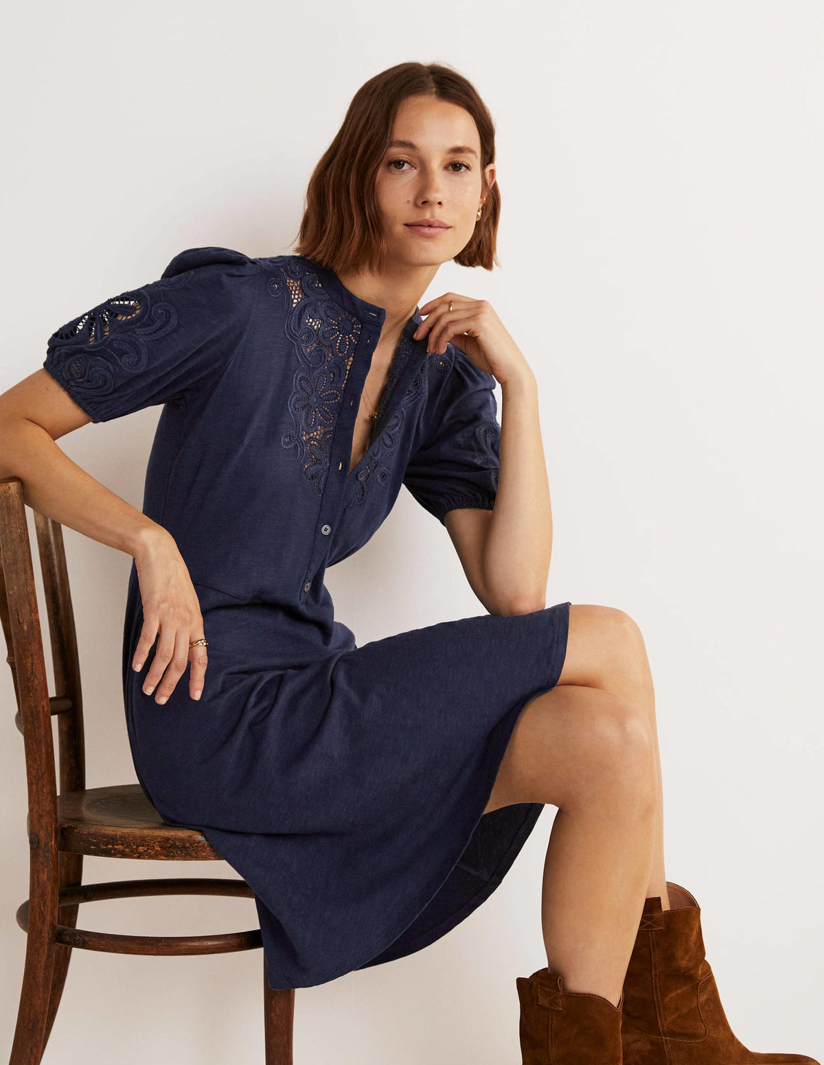Robe-chemise brodée en jersey-Bleu marine - Image 5
