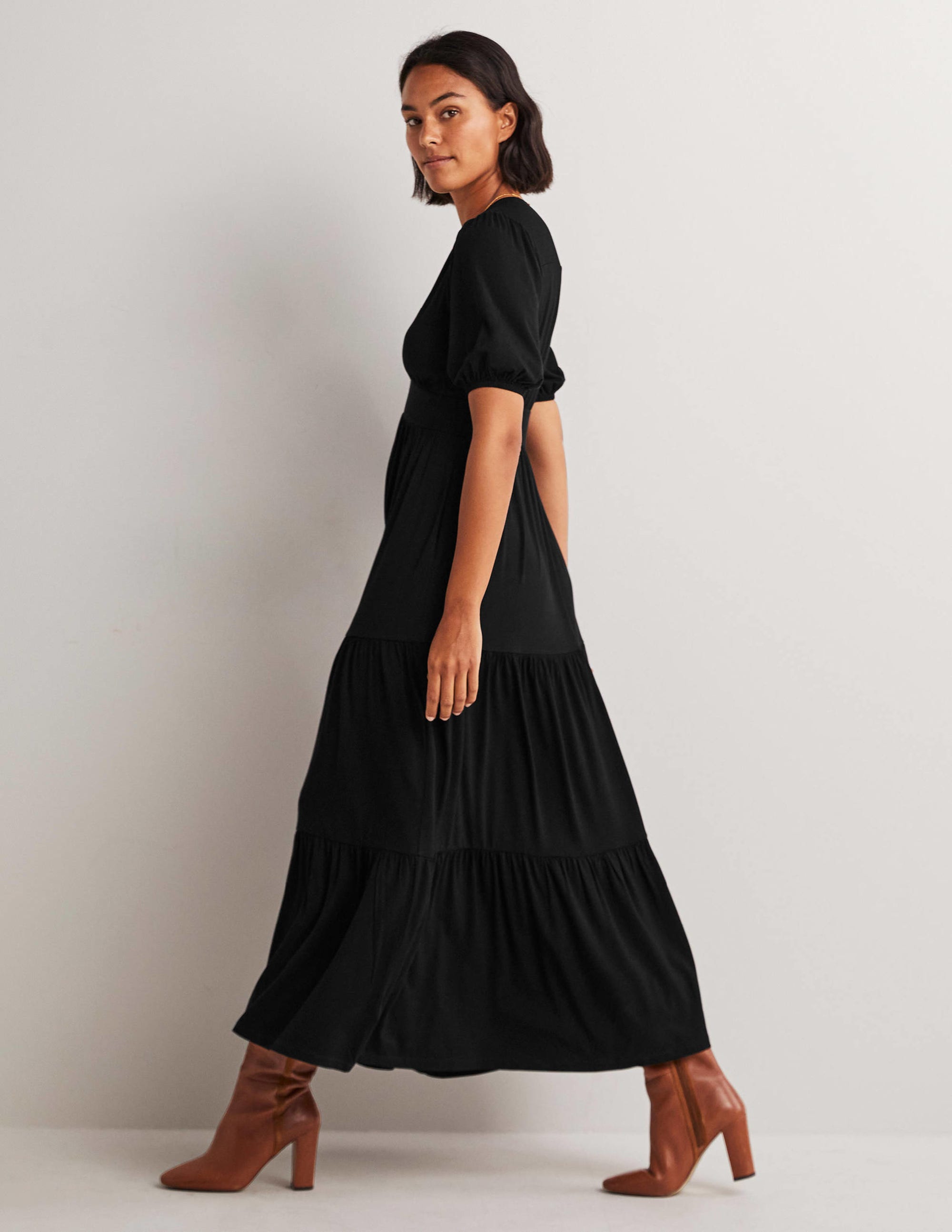 Robe longue style 40s en jersey à volants-Noir - Image 4