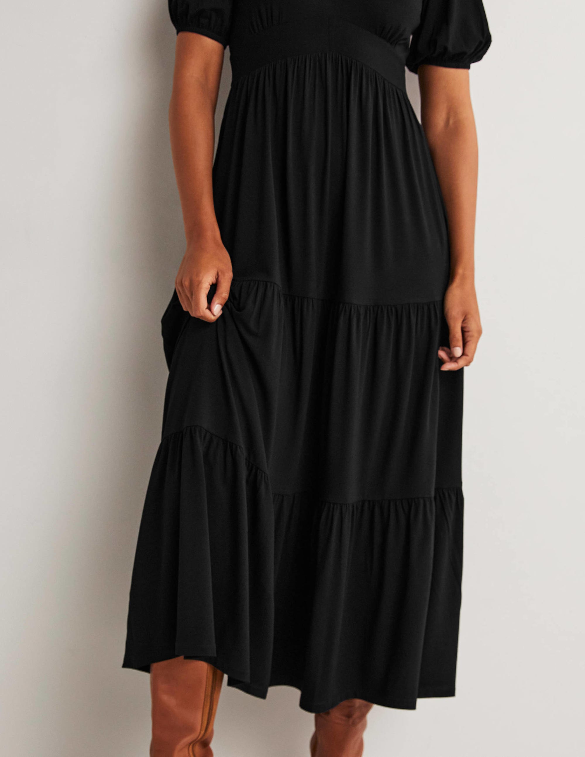 Robe longue style 40s en jersey à volants-Noir - Image 5