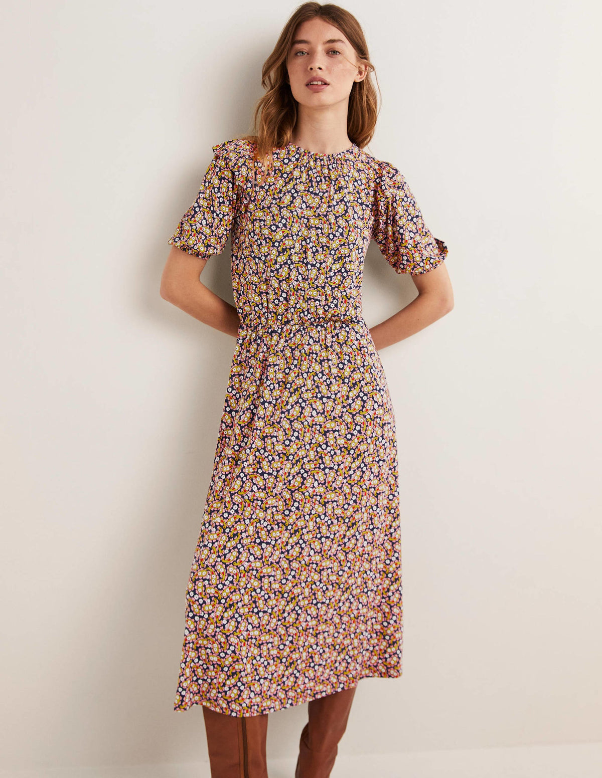 Robe midi en jersey à volants-Motif Petal Paisley citronnelle-1
