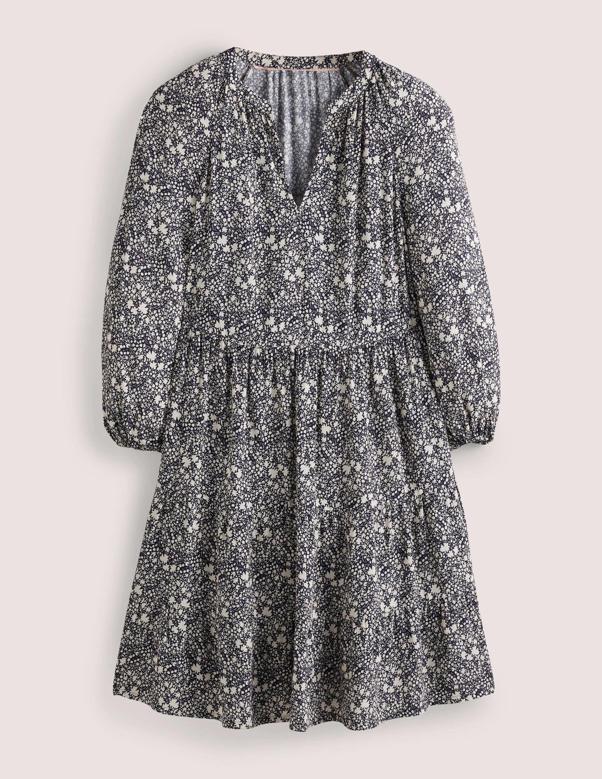 Gestuftes Kleid mit gekerbtem Ausschnitt-Navy, Abstraktes Kleines Blumenmuster-5